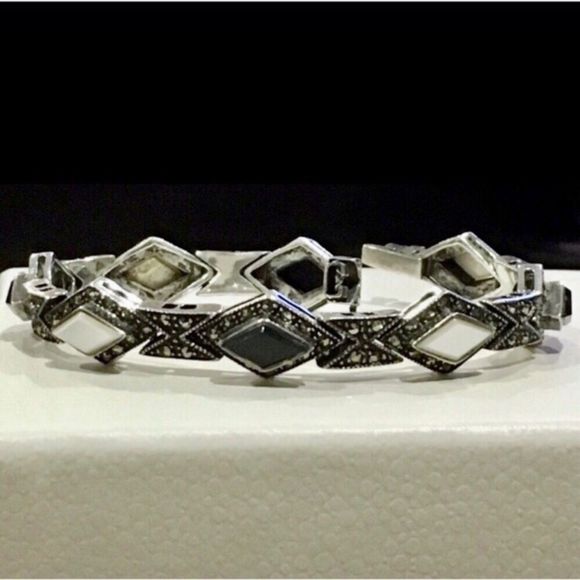 Art Deco Black Onyx Mother of Pearl Sterling Silver Marcasite Bracelet